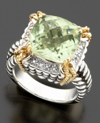 A glimmering ring with a regal air. Featuring stunning cushion-cut green quartz (6-1/3 ct. t.w.) and round-cut diamond accents set in 14k gold and sterling silver. A glimmering ring with a regal air. Featuring stunning cushion-cut green quartz (6-1/3 ct. t.w.) and round-cut diamond accents set in 14k gold and sterling silver.