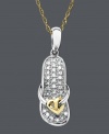 Perfect for the gal who loves fun in the sun. This clever pendant features a flip flop design crafted in sterling silver with a 14k gold heart accent. Sandal sole dusted in sparkling round-cut diamond. Approximate length: 18 inches. Approximate drop: 3/4 inch.