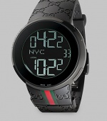 From the I-Gucci Collection. For jet setters and net surfers, a smart, sporty timepiece that lets you track two time zones at once, displaying them with digital grace. Swiss digital movement 44mm black PVD case Black embossed logo strap with signature color band Black dial with digital display, including date Water-resistant to 3ATM Imported