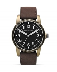 Burberry's military-inspired round-faced watch boasts a classic British look with surplus quality, a fact that makes it a commanding timepiece for urban adventures. Burberry's military-inspired round-faced watch boasts a classic British look with surplus quality, a fact that makes it a commanding timepiece for urban adventures.