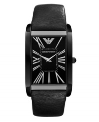 Business with a twist. Emprorio Armani added edge to the classic dress watch. Black leather strap and rectangular black-plated stainless steel case. Black dial features applied silver tone Roman numerals, two hands and logo. Quartz movement. Water resistant to 30 meters. Two-year limited warranty. Business with a twist. Emprorio Armani added edge to the classic dress watch. Black leather strap and rectangular black-plated stainless steel case. Black dial features applied silver tone Roman numerals, two hands and logo. Quartz movement. Water resistant to 30 meters. Two-year limited warranty.