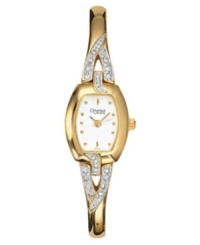 A whimsical twist makes this twinkling watch from Caravelle by Bulova a great choice. Goldtone mixed metal bracelet with sparkling crystal detailing. Mixed metal case. White dial with logo and goldtone markers. Quartz movement. Water resistant to 30 meters. Three-year limited warranty. A whimsical twist makes this twinkling watch from Caravelle by Bulova a great choice. Goldtone mixed metal bracelet with sparkling crystal detailing. Mixed metal case. White dial with logo and goldtone markers. Quartz movement. Water resistant to 30 meters. Three-year limited warranty.