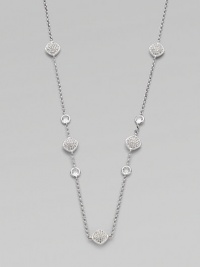 Delicate link chain with sparkling pavé and faceted stations. Rhodium plated brassCubic zirconiaCrystalsLength, about 36Lobster clasp closureImported Delicate link chain with sparkling pavé and faceted stations. Rhodium plated brassCubic zirconiaCrystalsLength, about 36Lobster clasp closureImported