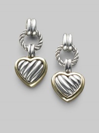 From the Heart Collection. A cabled sterling silver heart drop, edged in 18k gold, boldly hangs from a cabled silver ring. Sterling silver and 18k yellow gold Drop, about 1 Post back Made in USA From the Heart Collection. A cabled sterling silver heart drop, edged in 18k gold, boldly hangs from a cabled silver ring. Sterling silver and 18k yellow gold Drop, about 1 Post back Made in USA