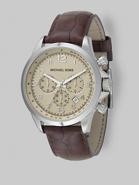 Superior style in stainless steel with heritage-inspired chronograph detail on an embossed leather strap. Quartz movement Water-resistant to 10 ATM Stainless steel case Round case; 44mm diameter (1.73) Three chronograph sub dials Arabic numerals and hour markers Date display at 4:00 Second hand Embossed leather strap Imported Superior style in stainless steel with heritage-inspired chronograph detail on an embossed leather strap. Quartz movement Water-resistant to 10 ATM Stainless steel case Round case; 44mm diameter (1.73) Three chronograph sub dials Arabic numerals and hour markers Date display at 4:00 Second hand Embossed leather strap Imported
