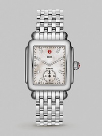 A timeless style with mother of pearl dial and diamond hour markers.Swiss quartz movement Water resistant to 5 ATM Smooth bezel Square stainless steel case, 30mm, (1.18) Mother of pearl dial Second sub-dial Diamond hour markers, 0.08 tcw Stainless steel link bracelet Imported 
