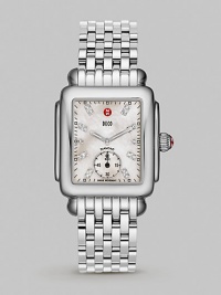 A timeless style with mother of pearl dial and diamond hour markers.Swiss quartz movement Water resistant to 5 ATM Smooth bezel Square stainless steel case, 30mm, (1.18) Mother of pearl dial Second sub-dial Diamond hour markers, 0.08 tcw Stainless steel link bracelet Imported A timeless style with mother of pearl dial and diamond hour markers.Swiss quartz movement Water resistant to 5 ATM Smooth bezel Square stainless steel case, 30mm, (1.18) Mother of pearl dial Second sub-dial Diamond hour markers, 0.08 tcw Stainless steel link bracelet Imported