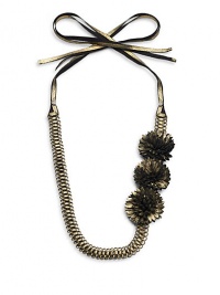 THE LOOKAntique-inspired brass chainDouble ribbon tie closure with gold foil suede detailGold foil suede flowers Metallic jewel detailsTHE FITAbout 16 long7MM grosgrain tieTHE MATERIAL50% iron/25% leather/25% viscose rayonORIGINImported THE LOOKAntique-inspired brass chainDouble ribbon tie closure with gold foil suede detailGold foil suede flowers Metallic jewel detailsTHE FITAbout 16 long7MM grosgrain tieTHE MATERIAL50% iron/25% leather/25% viscose rayonORIGINImported