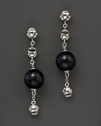 Bold sterling silver earrings set with black/blue tigers eye showcase Di MODOLO's unique Triadra cages. Bold sterling silver earrings set with black/blue tigers eye showcase Di MODOLO's unique Triadra cages.