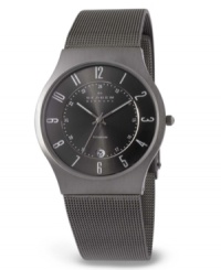 A strong design and a comfortable fit. This Skagen Denmark watch features a titanium-plated stainless steel mesh bracelet and lightweight round case. Charcoal dial with tonal luminous numerals, date window and logo. Quartz movement. Water resistant to 30 meters. Limited lifetime warranty. A strong design and a comfortable fit. This Skagen Denmark watch features a titanium-plated stainless steel mesh bracelet and lightweight round case. Charcoal dial with tonal luminous numerals, date window and logo. Quartz movement. Water resistant to 30 meters. Limited lifetime warranty.