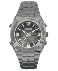 Stay charged for any activity with this dual analog-digital watch by Unlisted. Gunmetal ion-plated mixed metal bracelet and round case. Tachymetre scale at bezel in black. Gray degraded dial features applied numerals at twelve, three, six and nine o'clock, stick indices, luminous hands, logo and digital display. Quartz movement. Splash resistant. Two-year limited warranty. Stay charged for any activity with this dual analog-digital watch by Unlisted. Gunmetal ion-plated mixed metal bracelet and round case. Tachymetre scale at bezel in black. Gray degraded dial features applied numerals at twelve, three, six and nine o'clock, stick indices, luminous hands, logo and digital display. Quartz movement. Splash resistant. Two-year limited warranty.