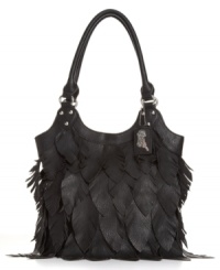 Create some serious bag-envy with this cascading feather front design from Carlos Santana. Feather shaped detailing decorates the front of this crave-worthy style, while shiny nickel hardware and a signature charm perfectly complete the look. Create some serious bag-envy with this cascading feather front design from Carlos Santana. Feather shaped detailing decorates the front of this crave-worthy style, while shiny nickel hardware and a signature charm perfectly complete the look.