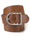 Distressed leather belt with brushed buckle. Keeper within buckle. Logo embossed.