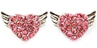 Gorgeous Silver Plated Flying Heart Angel Wings Stud Earrings with Sparkling Pink Crystals Gorgeous Silver Plated Flying Heart Angel Wings Stud Earrings with Sparkling Pink Crystals