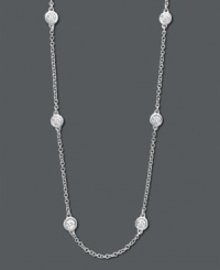 Get trendy style and a hint of sparkle, too. Trio by Effy Collection necklace features seven stations of round-cut, bezel set diamonds (1/2 ct. t.w.) strung on a delicate 14k white gold chain. Approximate length: 16 inches + 2-inch extender. Get trendy style and a hint of sparkle, too. Trio by Effy Collection necklace features seven stations of round-cut, bezel set diamonds (1/2 ct. t.w.) strung on a delicate 14k white gold chain. Approximate length: 16 inches + 2-inch extender.