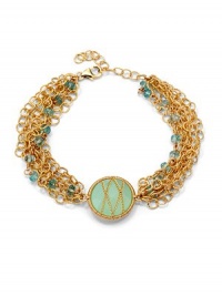 THE LOOKWire-wrapped green aqua chalcedony stoneMulti-chain designGreen aqua chalcedony accents3½ tcw 14k goldfilled settingLobster claspTHE MEASUREMENTWidth, about ¾Length, about 8ORIGINImported THE LOOKWire-wrapped green aqua chalcedony stoneMulti-chain designGreen aqua chalcedony accents3½ tcw 14k goldfilled settingLobster claspTHE MEASUREMENTWidth, about ¾Length, about 8ORIGINImported