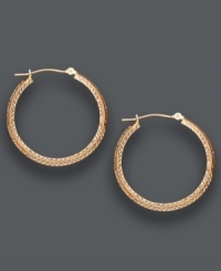 A stylish complement to any ensemble. These medium-sized hoops feature a 14k rose gold setting with a unique diamond-cut design. Approximate diameter: 1-1/8 inches. A stylish complement to any ensemble. These medium-sized hoops feature a 14k rose gold setting with a unique diamond-cut design. Approximate diameter: 1-1/8 inches.
