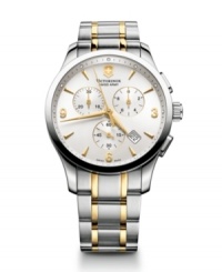 A handsome chronograph with signature Victorinox Swiss Army sophistication. Alliance collection watch crafted of two-tone stainless steel bracelet and round case with anti-reflective sapphire crystal. Silver tone chronograph dial features applied gold tone stick indices, numerals at three, six and nine o'clock, date window, three subdials, three hands and logo at twelve o'clock. Swiss quartz movement. Water resistant to 100 meters. Three-year limited warranty. A handsome chronograph with signature Victorinox Swiss Army sophistication. Alliance collection watch crafted of two-tone stainless steel bracelet and round case with anti-reflective sapphire crystal. Silver tone chronograph dial features applied gold tone stick indices, numerals at three, six and nine o'clock, date window, three subdials, three hands and logo at twelve o'clock. Swiss quartz movement. Water resistant to 100 meters. Three-year limited warranty.