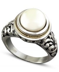 A captivating combination. EFFY Collection nestles a cultured freshwater pearl (10 mm) on a ring crafted in sterling silver and 18k gold to stunning effect. An intricate pattern on the side enhances the appeal. Size 7. A captivating combination. EFFY Collection nestles a cultured freshwater pearl (10 mm) on a ring crafted in sterling silver and 18k gold to stunning effect. An intricate pattern on the side enhances the appeal. Size 7.