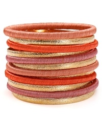 Cool girl style is all in the wrist--piled high with these boldly hued and subtly textured RJ Graziano bangles. Cool girl style is all in the wrist--piled high with these boldly hued and subtly textured RJ Graziano bangles.