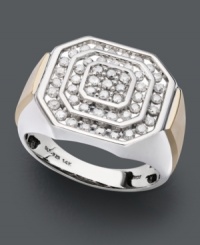 A diamond ring with stately design. This Men's ring features a 14k gold and sterling silver setting with a unique pattern in round-cut diamond (1 ct. t.w.). Size 10-1/2.