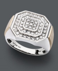 A diamond ring with stately design. This Men's ring features a 14k gold and sterling silver setting with a unique pattern in round-cut diamond (1 ct. t.w.). Size 10-1/2. A diamond ring with stately design. This Men's ring features a 14k gold and sterling silver setting with a unique pattern in round-cut diamond (1 ct. t.w.). Size 10-1/2.
