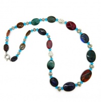 Silver Tone Copper, Mutli Color Agate and Glass Fashion Necklace 31-inches