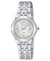 A sophisticated and feminine watch from Seiko, in polished stainless steel for lasting luster. Silvertone stainless steel bracelet and round case. Round mother-of-pear dial with logo, crystal accents and roman numeral indices. Quartz movement. Water resistant to 50 meters. Three-year limited warranty.