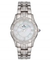 A stunning watch from Bulova with timeless glamor and style. Silvertone stainless steel bracelet with crystal accents and round case. Crystal accents at bezel. Round mother-of-pearl dial with logo and Roman numerals at indices. Quartz movement. Water resistant to 30 meters. Three-year limited warranty.