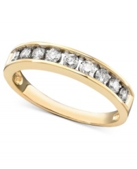 A simple diamond ring with eternal beauty. You'll love the channel setting on this ring featuring round-cut diamond (1/2 ct. t.w.) set in 14k gold. A simple diamond ring with eternal beauty. You'll love the channel setting on this ring featuring round-cut diamond (1/2 ct. t.w.) set in 14k gold.