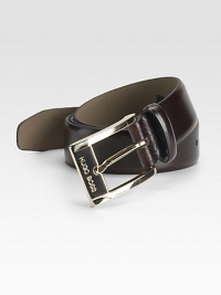 A smooth and sophisticated belt designed in fine calfskin leather with a shiny gold buckle. About 1 wide Imported A smooth and sophisticated belt designed in fine calfskin leather with a shiny gold buckle. About 1 wide Imported