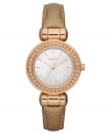 A ravishing look by DKNY. This darling watch shimmers with rosy sparkle and supple leather.