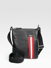 A simple messenger style with complex personality, rendered in perforated leather, topped with the signature trainspotting web trim.Zip closureadjustable shoulder strapInterior zip pocketFully linedLeather9 x 11 x 3Made in Switzerland A simple messenger style with complex personality, rendered in perforated leather, topped with the signature trainspotting web trim.Zip closureadjustable shoulder strapInterior zip pocketFully linedLeather9 x 11 x 3Made in Switzerland