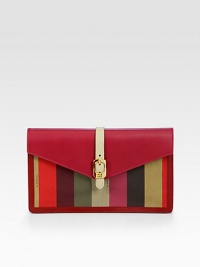 Colorful striped jacquard canvas defines this sleek flap-top silhouette with rich Italian leather accents. Magnetic snap flap closureOne outside zip pocketOne inside open pocketOne inner zip compartmentEight credit card slotsSuede, leather and cotton lining9¾W X 6H X 1DMade in Italy Colorful striped jacquard canvas defines this sleek flap-top silhouette with rich Italian leather accents. Magnetic snap flap closureOne outside zip pocketOne inside open pocketOne inner zip compartmentEight credit card slotsSuede, leather and cotton lining9¾W X 6H X 1DMade in Italy