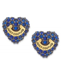 Follow your heart. These ladylike heart stud earrings feature sapphire-hued pave crystals and a gold tone logo banner. Crafted from hematite tone mixed metal. Approximate diameter: 3/8 inch. Follow your heart. These ladylike heart stud earrings feature sapphire-hued pave crystals and a gold tone logo banner. Crafted from hematite tone mixed metal. Approximate diameter: 3/8 inch.