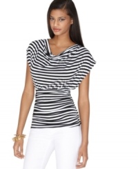 Black and white stripes shine on this draped top from Bar III. Black and white stripes shine on this draped top from Bar III.