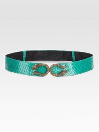 An adjustable snake-print leather design with brass snake shaped hardware. Width, about 1½ Made in USA An adjustable snake-print leather design with brass snake shaped hardware. Width, about 1½ Made in USA