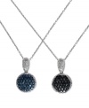 Elegant options abound in this 14k white gold necklace from Diversa by EFFY Collection. The reversible pendant features round-cut blue (3/8 ct. t.w.), black (5/8 ct. t.w.) and white (5/8 ct. t.w.) diamonds to stunning effect. Approximate length: 18 inches. Approximate drop length: 3/4 inch. Approximate drop width: 3/8 inch.