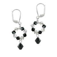 Sterling Silver and Black and Clear Swarovski Crystallized Elements Open Circle Drop Leverback Earrings