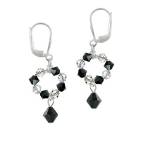 Sterling Silver and Black and Clear Swarovski Crystallized Elements Open Circle Drop Leverback Earrings Sterling Silver and Black and Clear Swarovski Crystallized Elements Open Circle Drop Leverback Earrings
