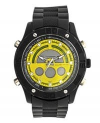 Boost your energy level with this bold watch by Unlisted. Black rubber strap and round black-plated mixed metal case. Yellow dial features tachymeter scale, luminous stick indices, digital display subdials and logo. Quartz movement. Splash resistant. Two-year limited warranty. Boost your energy level with this bold watch by Unlisted. Black rubber strap and round black-plated mixed metal case. Yellow dial features tachymeter scale, luminous stick indices, digital display subdials and logo. Quartz movement. Splash resistant. Two-year limited warranty.
