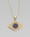 A protective evil eye, richly rendered diamonds and blue sapphires, hangs from a 14k yellow gold chain. Diamonds, 0.26 tcw Sapphires 14k yellow gold Chain length, about 16 Pendant width, about ¾ Claw clasp Imported 