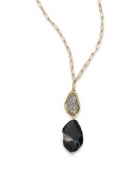 THE LOOKDouble tiered pendantVariegated agate detailLizard skin accentsRectangle chainGoldplated brass settingLobster claspTHE MEASUREMENTPendant width, about 1Pendant length, about 3.5Length, about 27ORIGINMade in USA THE LOOKDouble tiered pendantVariegated agate detailLizard skin accentsRectangle chainGoldplated brass settingLobster claspTHE MEASUREMENTPendant width, about 1Pendant length, about 3.5Length, about 27ORIGINMade in USA