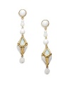 THE LOOKGeometric drop silhouetteThree dimensional diamond-shaped detail Moonstone and Czech glass accents24k goldplated pewter and brass settingHypoallergenic post backTHE MEASUREMENTLength, about 3ORIGINMade in USA