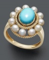 The perfect look for summer -- spruce up your style with this elegant ring in eye-popping color. Highlights an oval-cut turquoise stone (1-1/5 mm) surrounded by elegant cultured freshwater pearls (3-3-1/2 mm) cradled in intricate, rope-edged 14k gold.