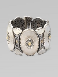 From the Iris Collection. A beautifully elaborate design with carved frosted rock crystals in sterling silver with 18k gold details. Sterling silver 18k gold Sliding pin closure Length, about 7½ Imported 