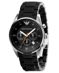 Classic style with a modern edge. This Emporio Armani watch features a black silicone-wrapped stainless steel bracelet and round case. Black chronograph dial with silvertone stick indices and numerals, logo, date window and three subdials. Analog movement. Water resistant to 50 meters. Two-year limited warranty. Classic style with a modern edge. This Emporio Armani watch features a black silicone-wrapped stainless steel bracelet and round case. Black chronograph dial with silvertone stick indices and numerals, logo, date window and three subdials. Analog movement. Water resistant to 50 meters. Two-year limited warranty.