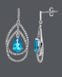 Liven up your look with a bright burst of sparkling color. Double teardrop earrings feature a pear-cut blue topaz center stone (2-9/10 ct. t.w.) surrounded by halos of round-cut diamonds (3/8 ct. t.w.) set in sterling silver. Approximate drop: 1-1/4 inches. Liven up your look with a bright burst of sparkling color. Double teardrop earrings feature a pear-cut blue topaz center stone (2-9/10 ct. t.w.) surrounded by halos of round-cut diamonds (3/8 ct. t.w.) set in sterling silver. Approximate drop: 1-1/4 inches.