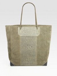 A crocodile-embossed panel is at the center of this chic carryall, made of sumptuous suede. Shoulder straps, 7½ dropProtective metal feetOne inner zip pouchTwo inside open pockets12½W X 13H X 4½DImported A crocodile-embossed panel is at the center of this chic carryall, made of sumptuous suede. Shoulder straps, 7½ dropProtective metal feetOne inner zip pouchTwo inside open pockets12½W X 13H X 4½DImported