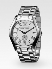 Sleek classic style crafted with quartz precision in stainless steel with a matching bracelet. Water resistant to 5 ATM Minute dial at 6 o'clock Quartz movement Case: 42.5mm Imported Sleek classic style crafted with quartz precision in stainless steel with a matching bracelet. Water resistant to 5 ATM Minute dial at 6 o'clock Quartz movement Case: 42.5mm Imported